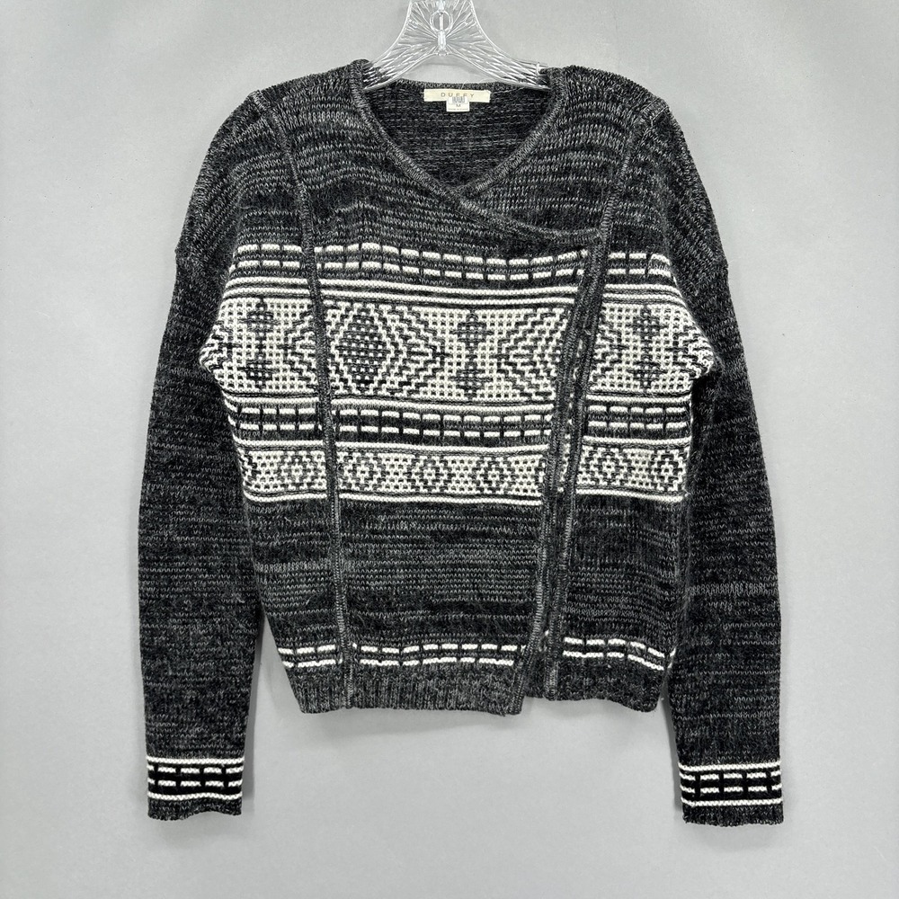 Duffy Sweater Womens Medium Gray Merino Wool Mohair Wrap Fair Isle Knit Cardigan